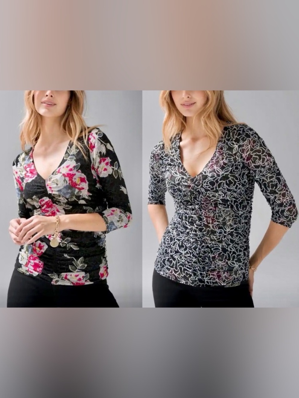 White House Black Market | Floral Print Mesh 3/4 Sleeve Reversible Top Sz Large